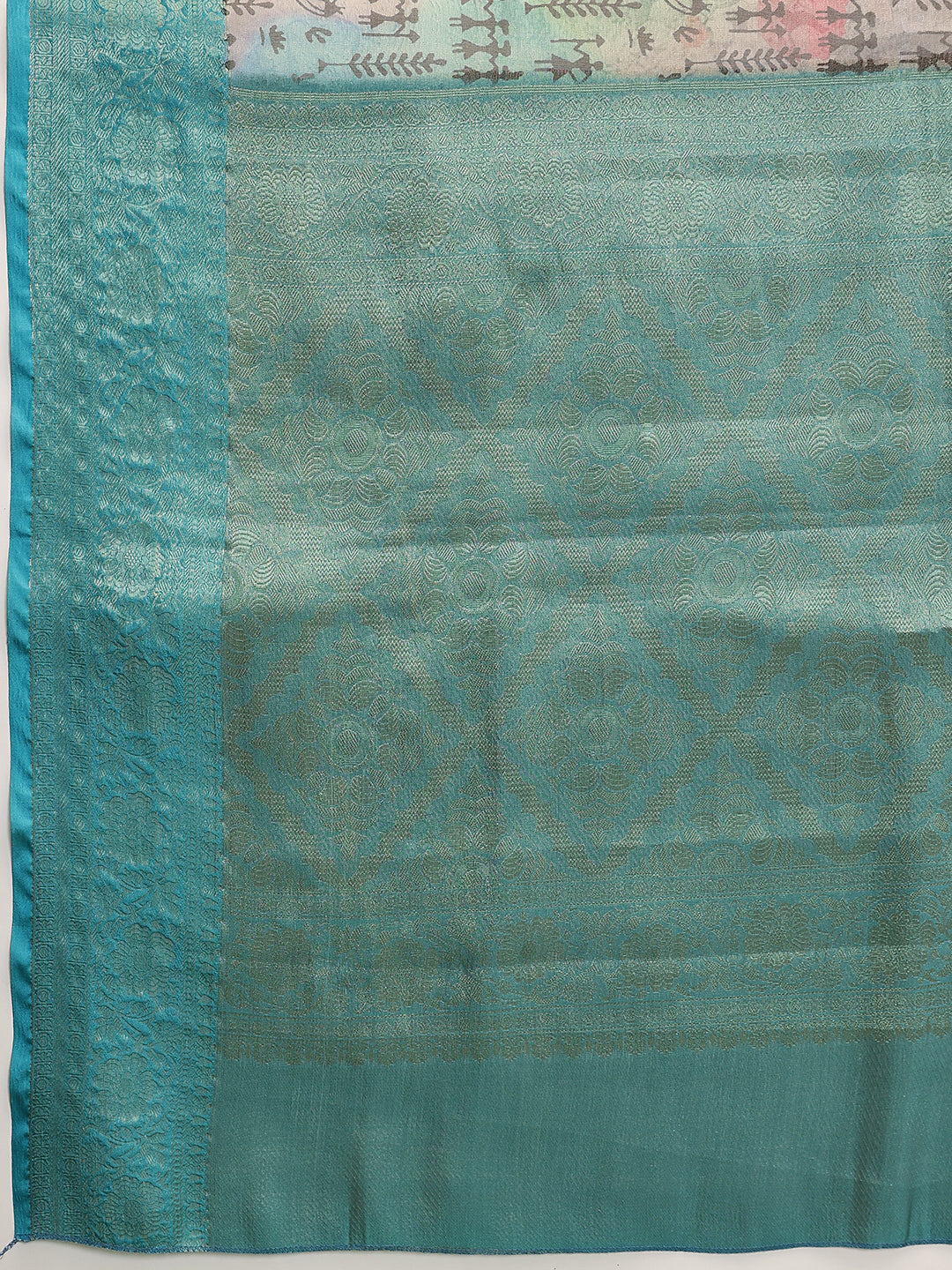 Warli Printed Crush Tissue Silk Saree With Small Border & Unstitched Blouse Piece