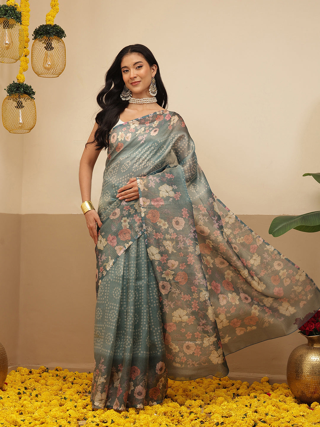 Digital Printed Lightweigth Crush Tissue Silk Saree With Unstitched Blouse Piece