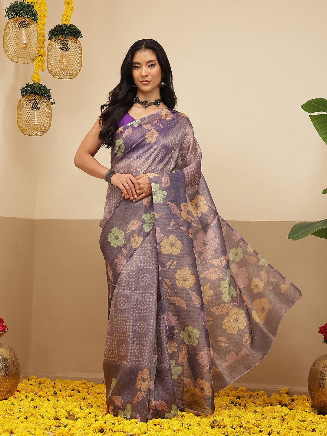 Digital Printed Lightweigth Crush Tissue Silk Saree With Unstitched Blouse Piece