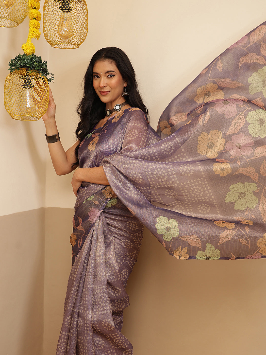 Digital Printed Lightweigth Crush Tissue Silk Saree With Unstitched Blouse Piece