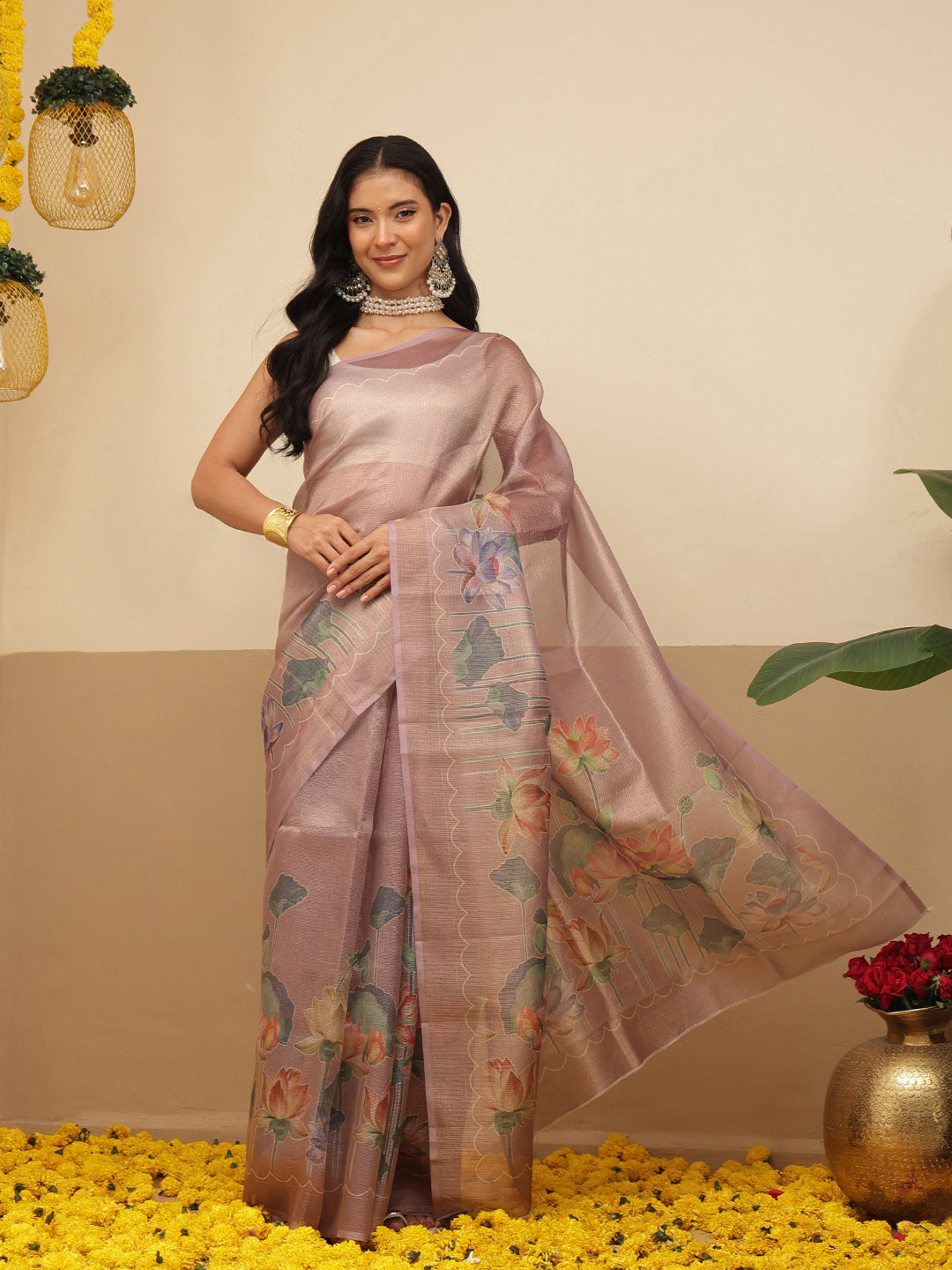 Digital Printed Lightweigth Crush Tissue Silk Saree With Unstitched Blouse Piece