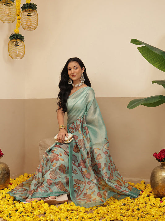 Digital Printed Lightweigth Crush Tissue Silk Saree With Unstitched Blouse Piece