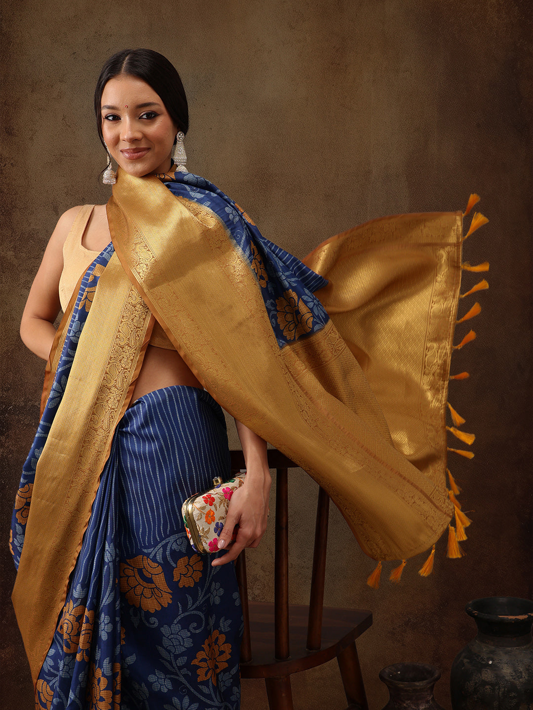 Kanjeevaram Pattu Zari Woven Border Floral Printed Saree