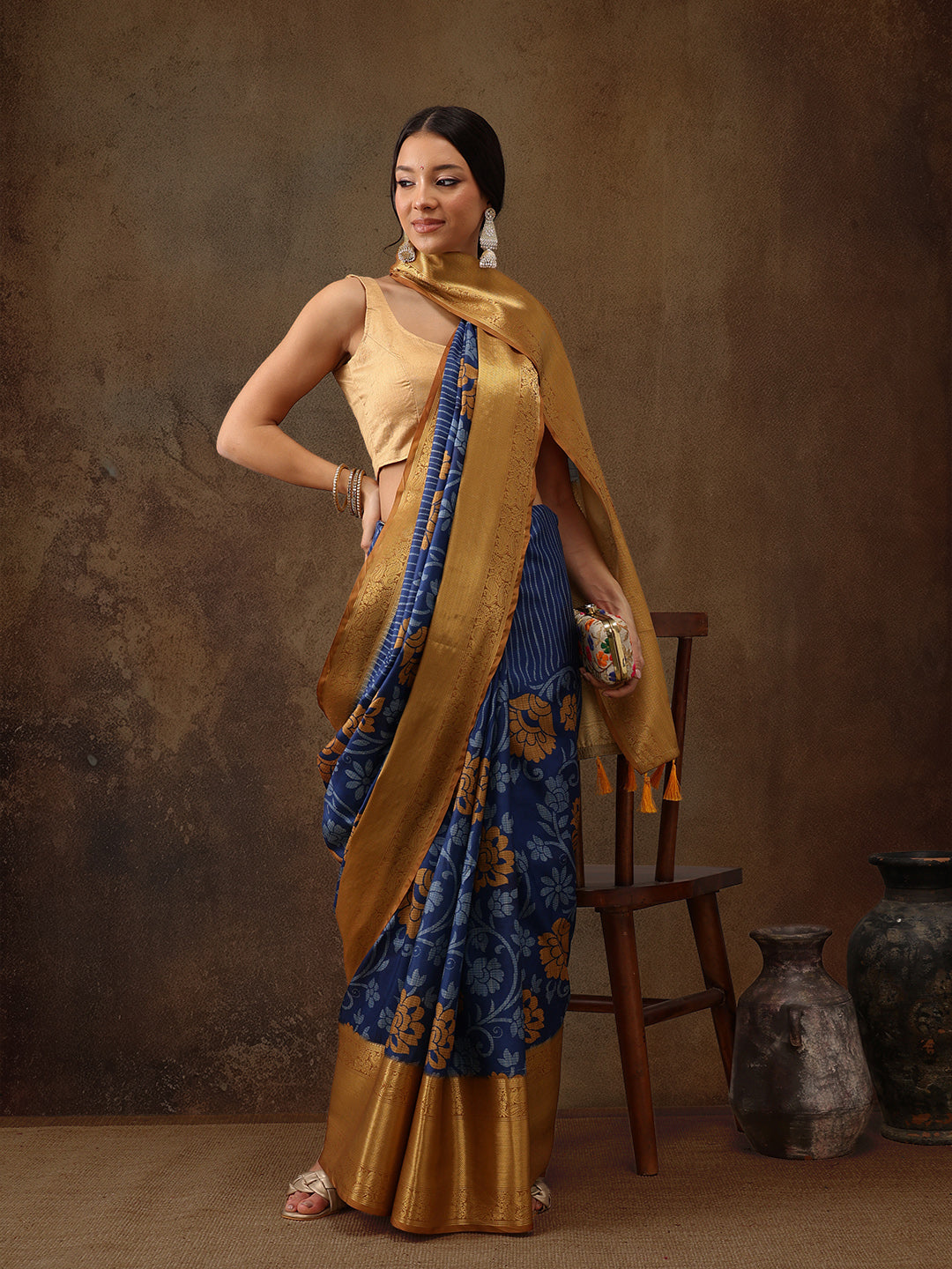 Kanjeevaram Pattu Zari Woven Border Floral Printed Saree