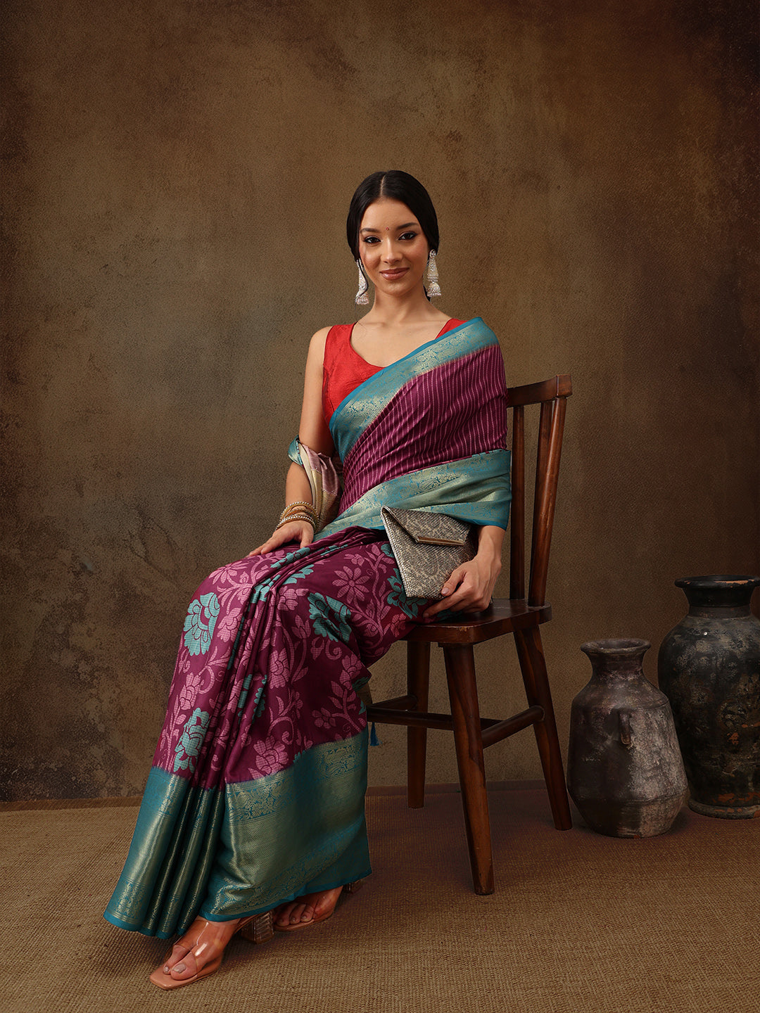 Kanjeevaram Pattu Zari Woven Border Floral Printed Saree