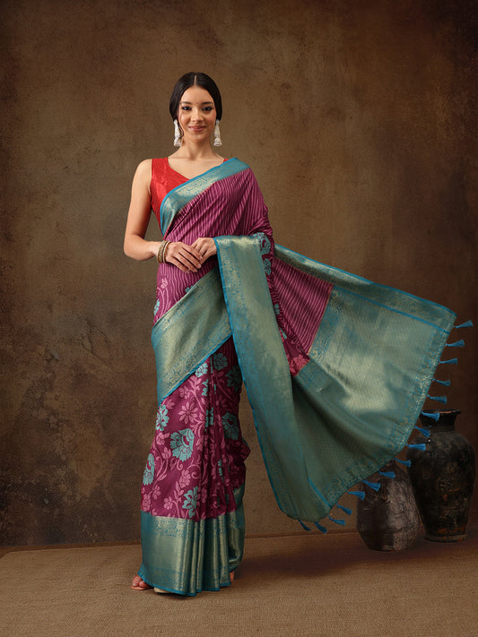 Kanjeevaram Pattu Zari Woven Border Floral Printed Saree