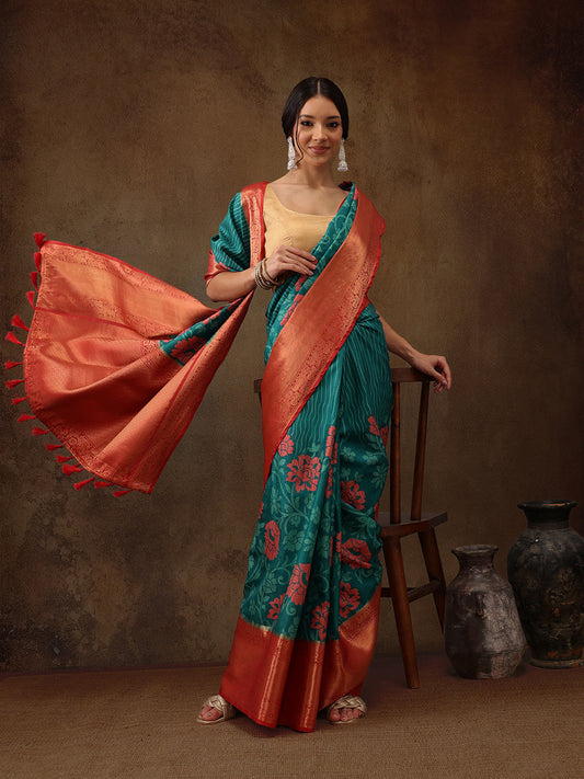 Kanjeevaram Pattu Zari Woven Border Floral Printed Saree