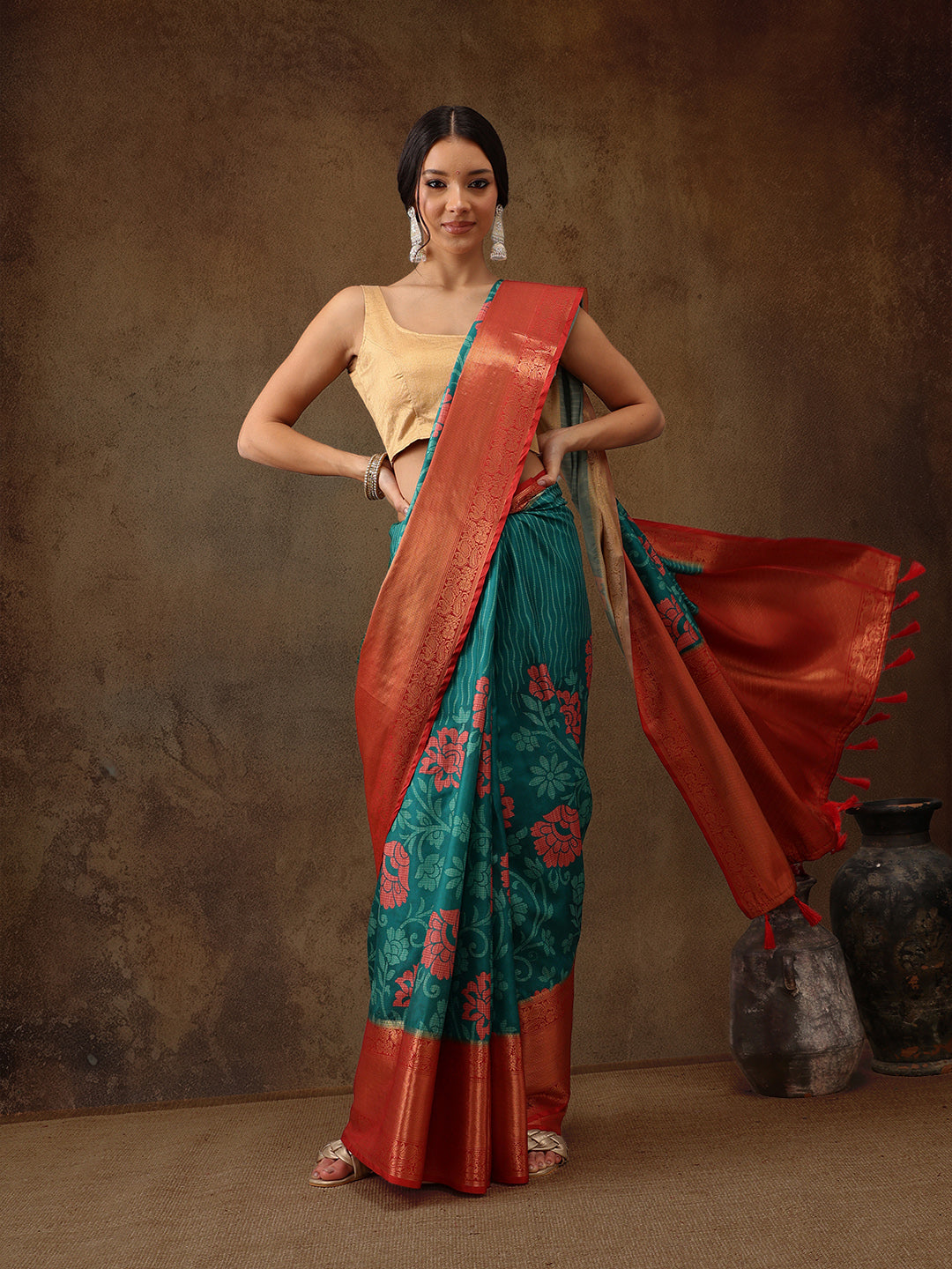 Kanjeevaram Pattu Zari Woven Border Floral Printed Saree