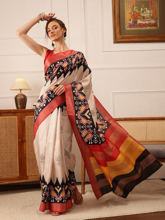Traditional Women's Kotha Silk Bengali Style Digital Printed Saree