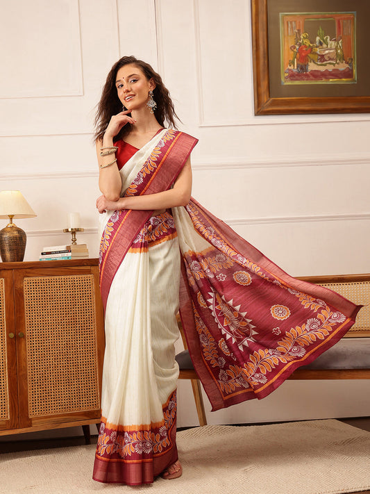 Traditional Women's Kotha Silk Bengali Style Digital Printed Saree