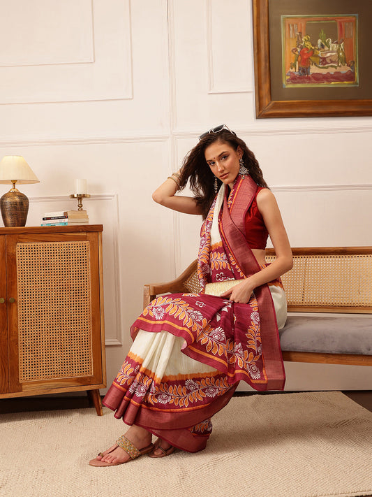 Traditional Women's Kotha Silk Bengali Style Digital Printed Saree