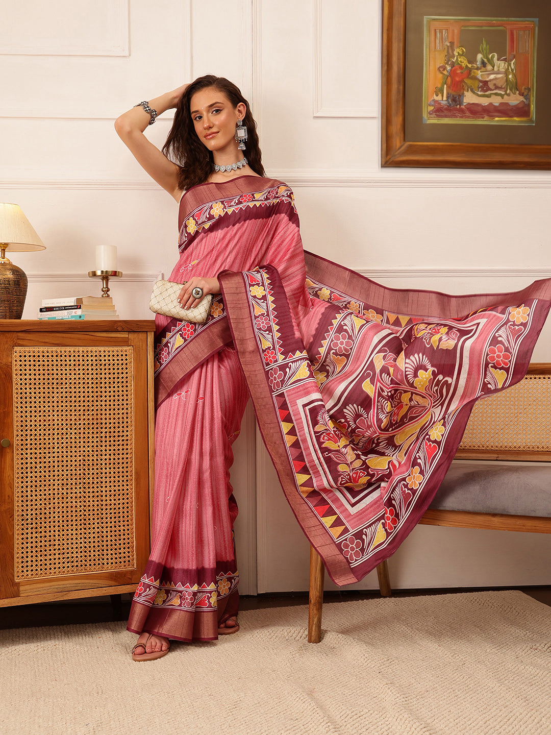 Traditional Women's Kotha Silk Bengali Style Digital Printed Saree