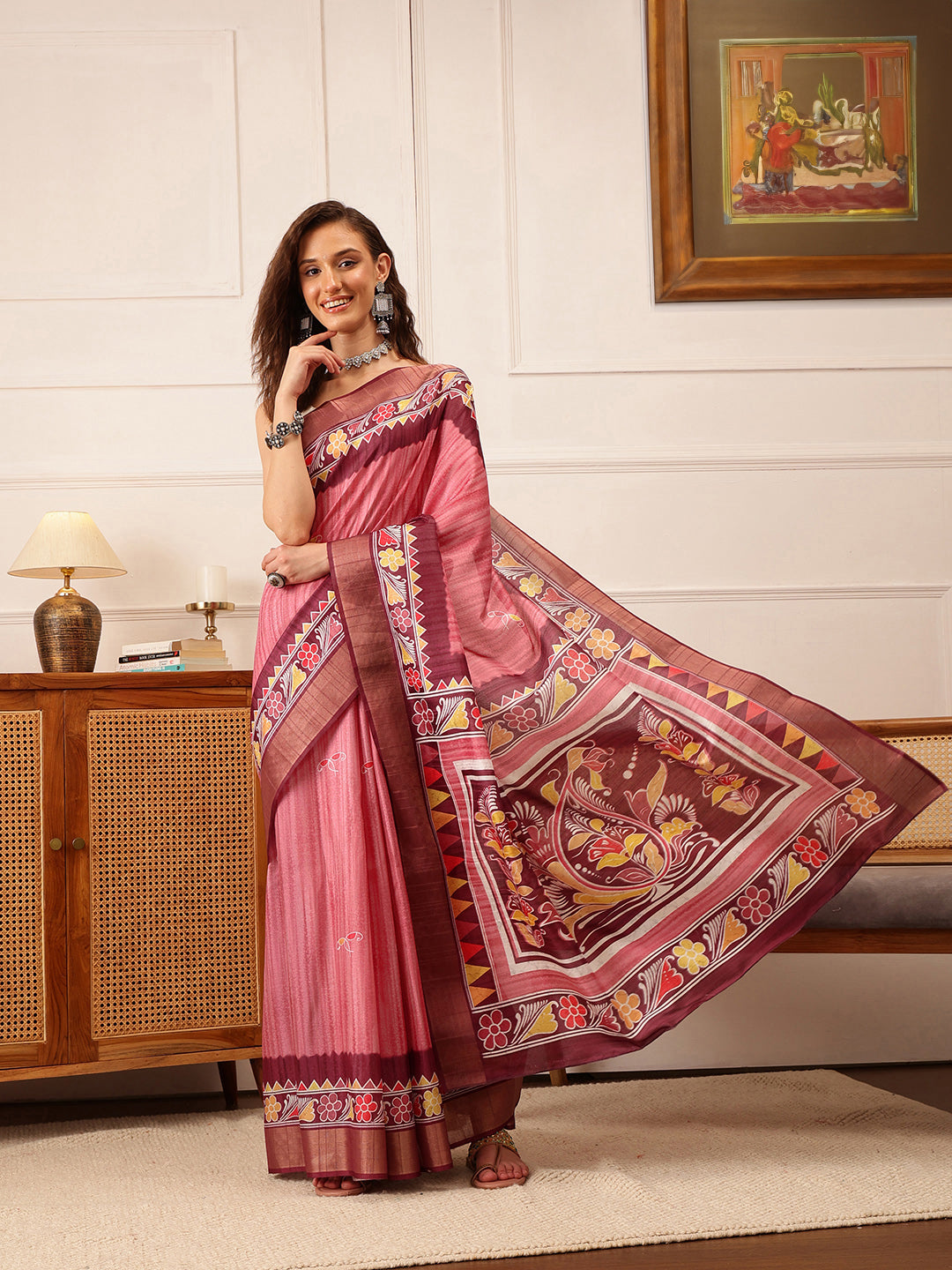 Traditional Women's Kotha Silk Bengali Style Digital Printed Saree