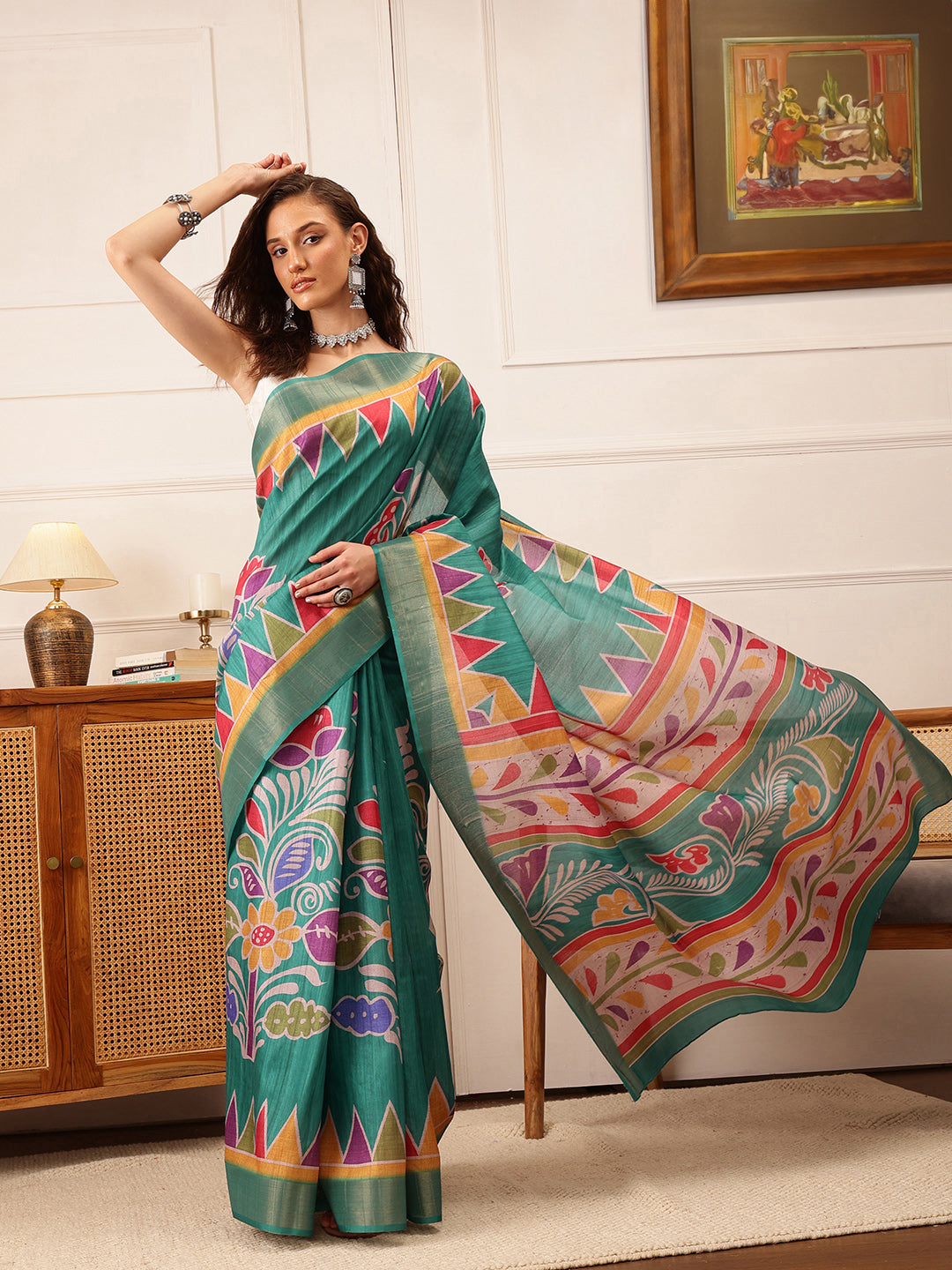 Traditional Women's Kotha Silk Bengali Style Digital Printed Saree