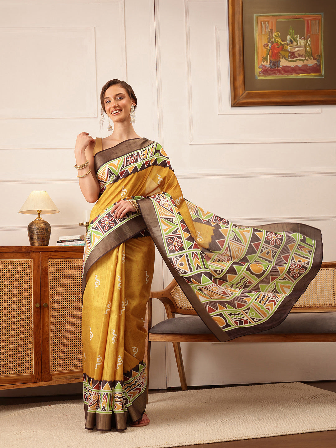 Traditional Women's Kotha Silk Bengali Style Digital Printed Saree