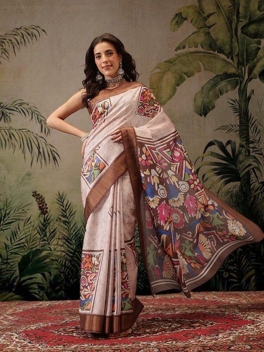Women's Kotha Silk Bengali Style Digital Printed Saree