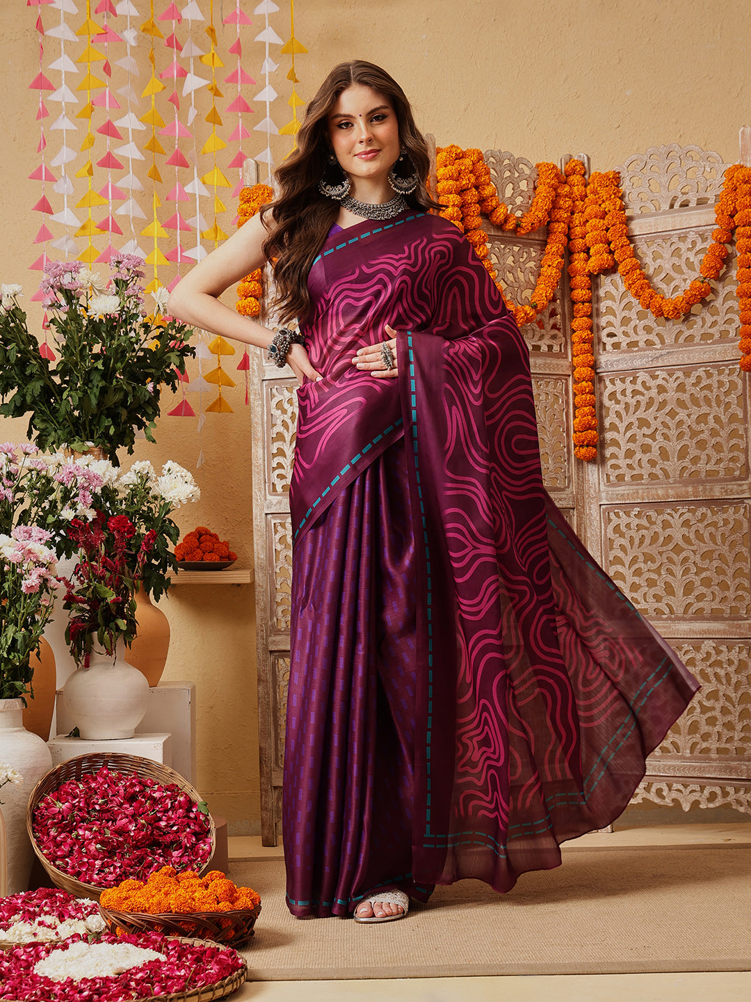 Violet Color Abstract Printed Satin Saree