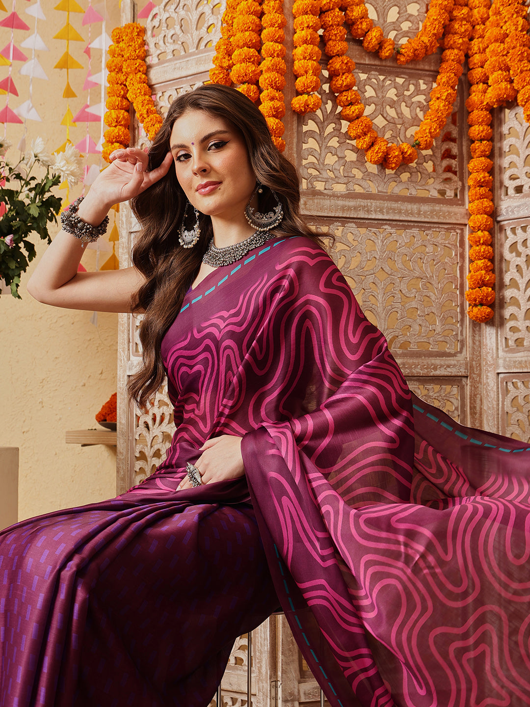Violet Color Abstract Printed Satin Saree