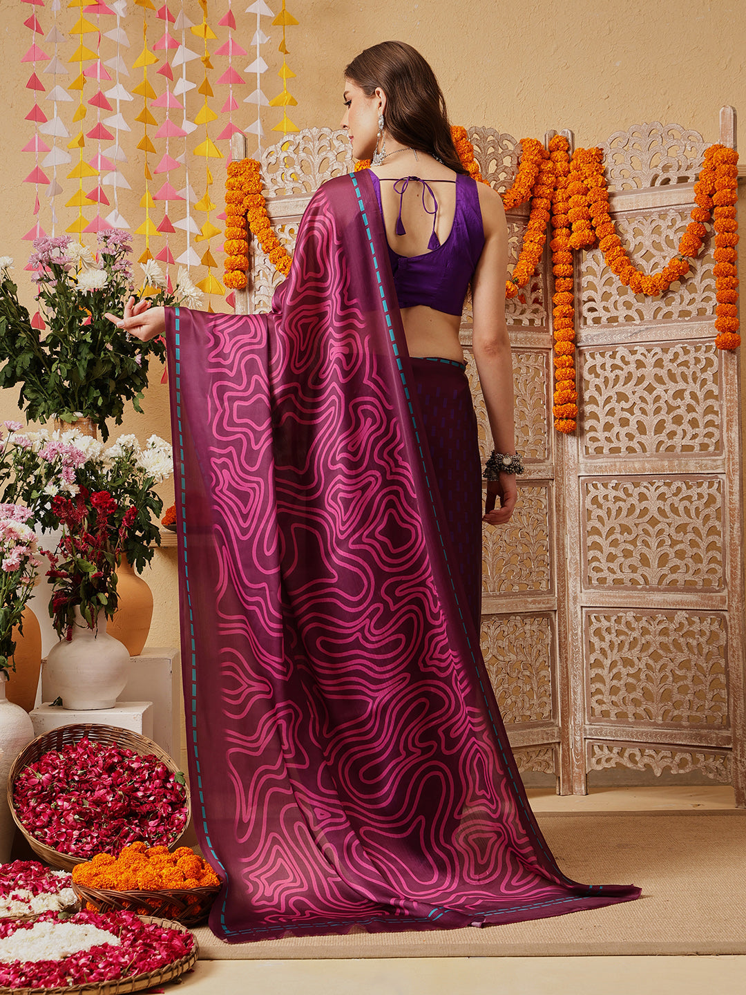 Violet Color Abstract Printed Satin Saree