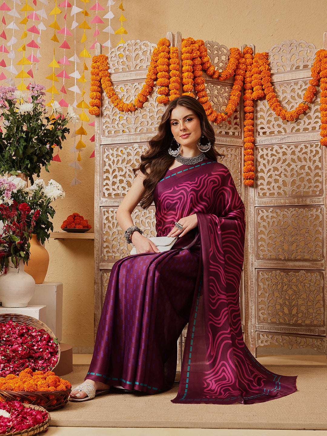 Violet Color Abstract Printed Satin Saree