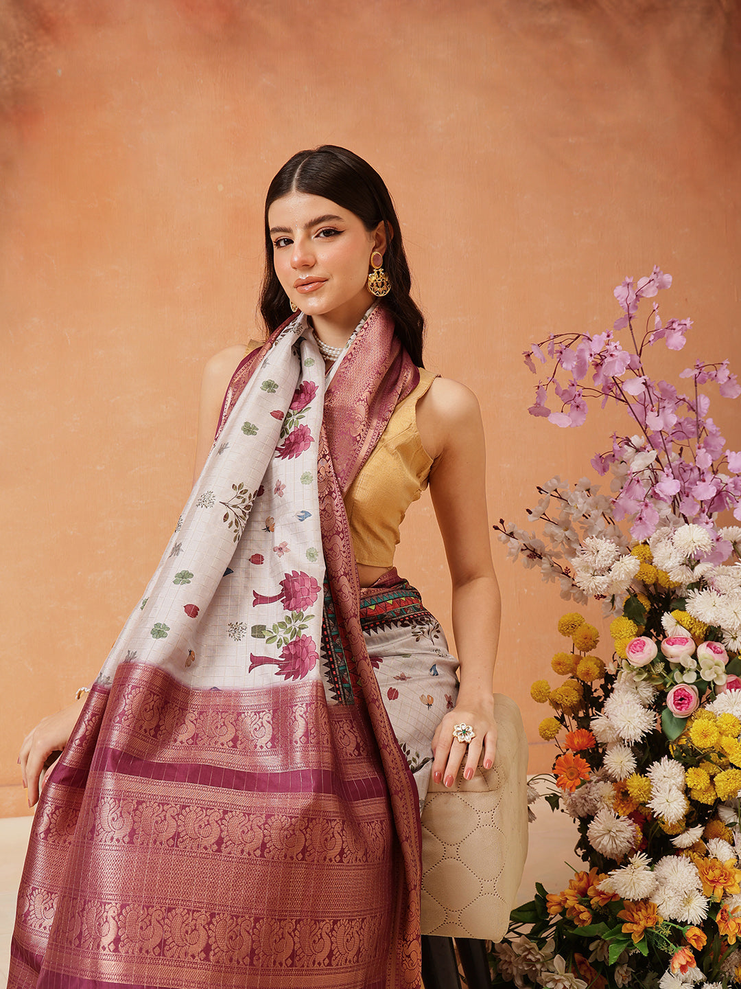 Kanjivaram Floral Printed Stunned Motifs Zari Woven Saree With Tassels