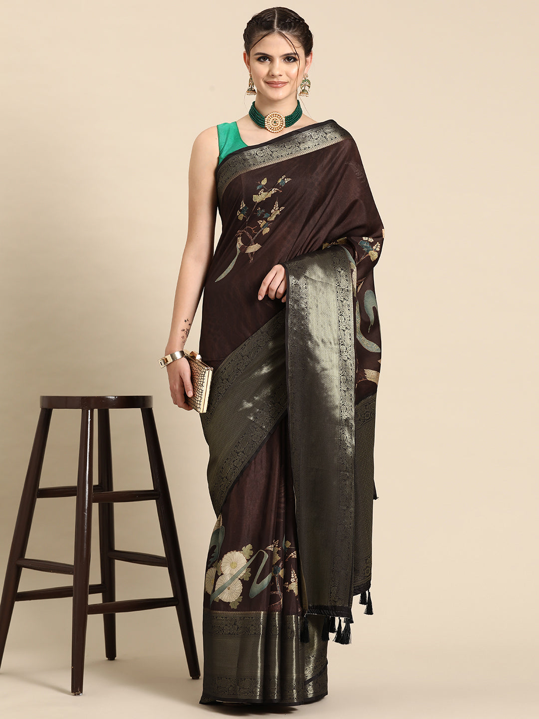Kanchipuram Pattu Silk Floral Printed Zari Woven Border Saree