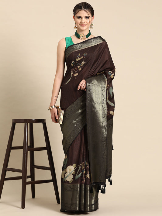 Kanchipuram Pattu Silk Floral Printed Zari Woven Border Saree