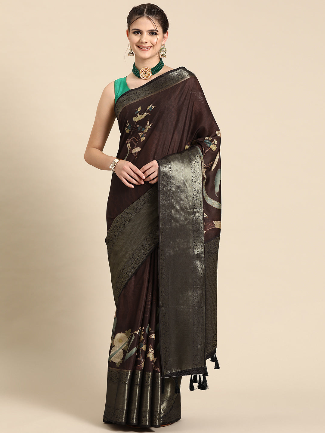 Kanchipuram Pattu Silk Floral Printed Zari Woven Border Saree