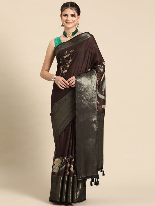Kanchipuram Pattu Silk Floral Printed Zari Woven Border Saree