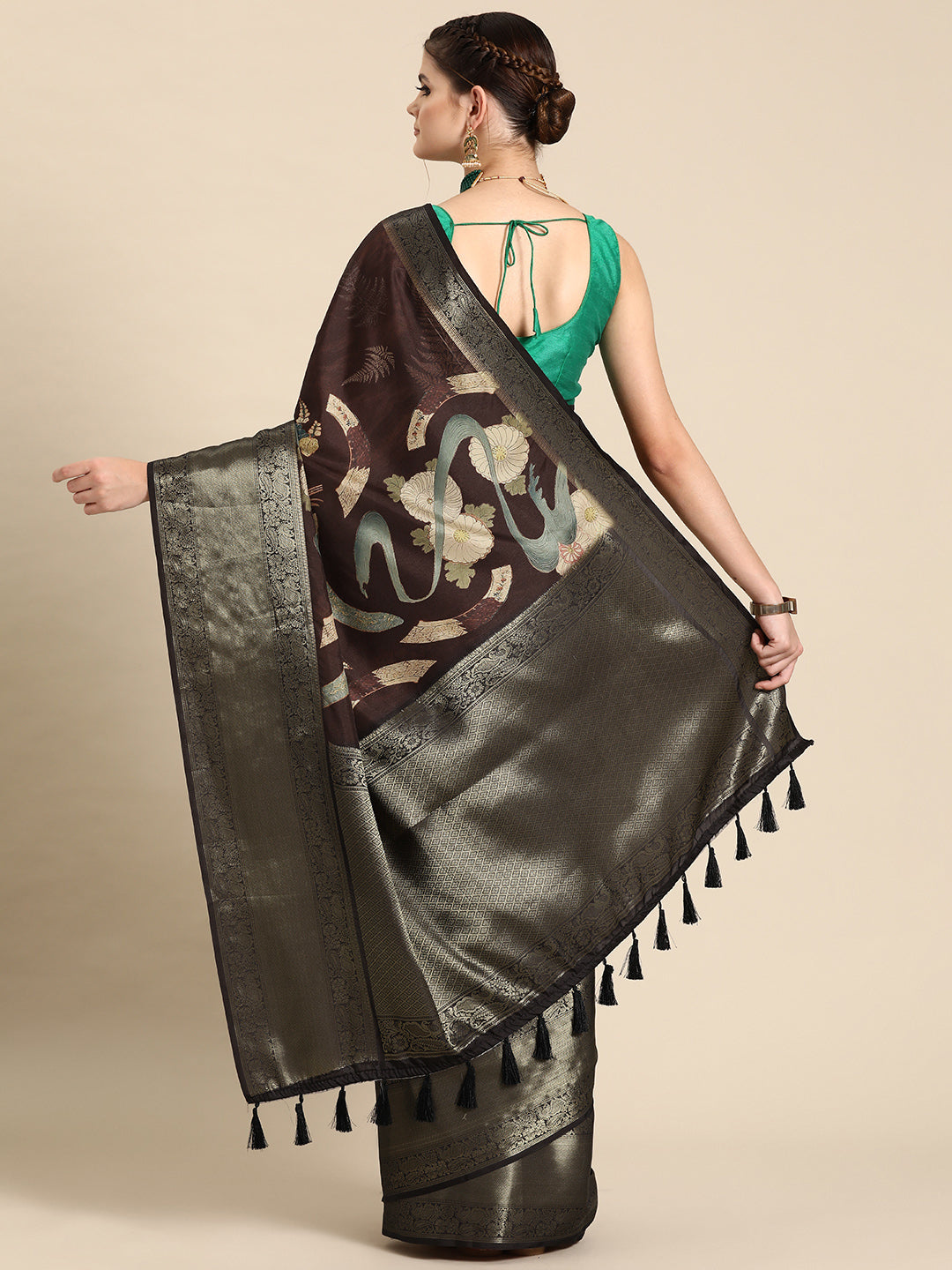 Kanchipuram Pattu Silk Floral Printed Zari Woven Border Saree