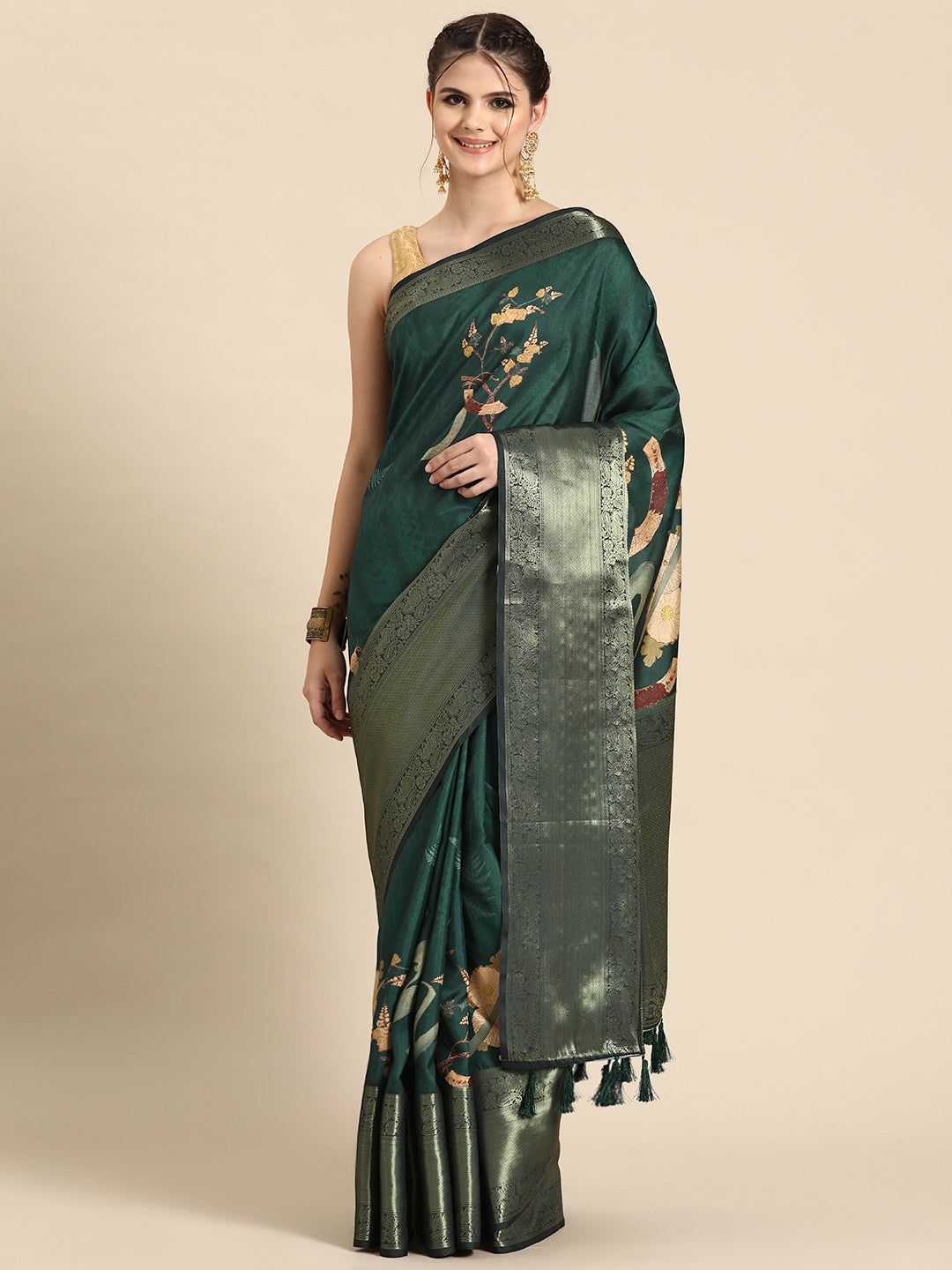 Kanchipuram Pattu Silk Floral Printed Zari Woven Border Saree