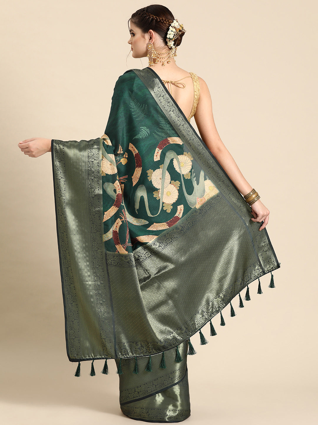 Kanchipuram Pattu Silk Floral Printed Zari Woven Border Saree