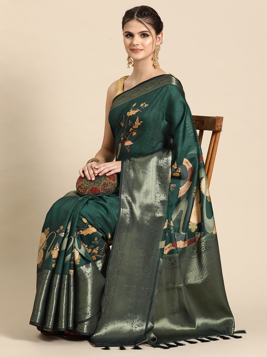 Kanchipuram Pattu Silk Floral Printed Zari Woven Border Saree