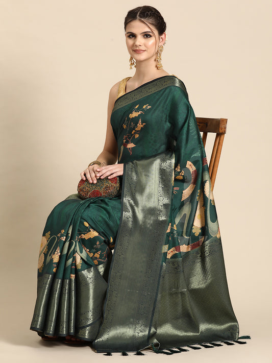 Kanchipuram Pattu Silk Floral Printed Zari Woven Border Saree