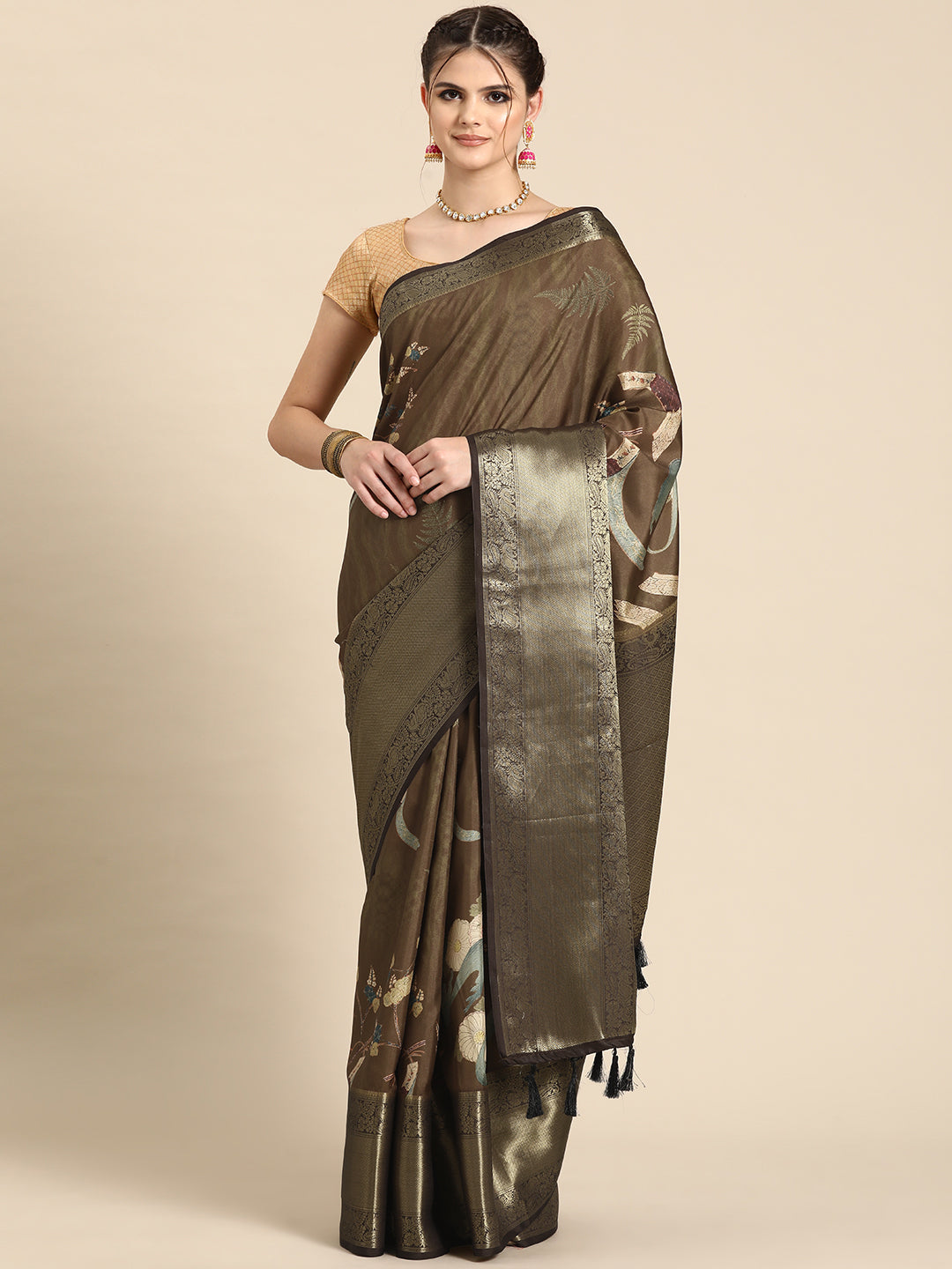Kanchipuram Pattu Silk Floral Printed Zari Woven Border Saree