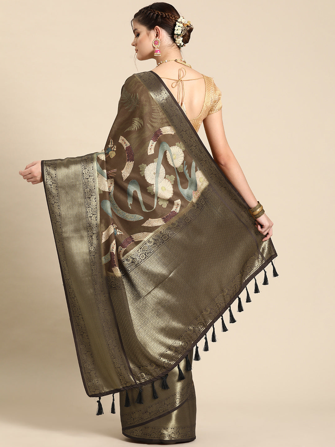 Kanchipuram Pattu Silk Floral Printed Zari Woven Border Saree