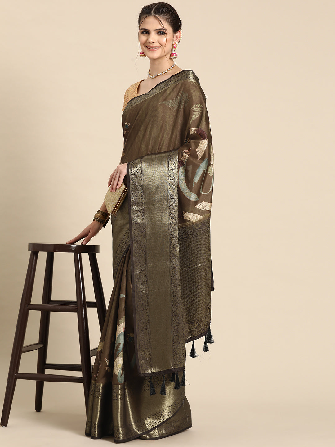 Kanchipuram Pattu Silk Floral Printed Zari Woven Border Saree