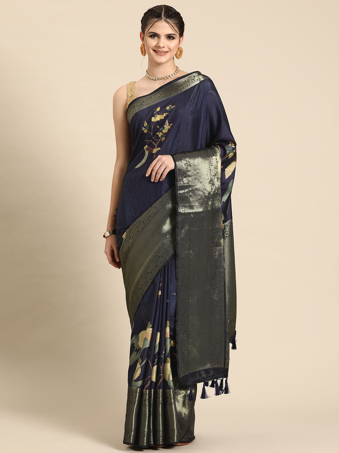 Kanchipuram Pattu Silk Floral Printed Zari Woven Border Saree