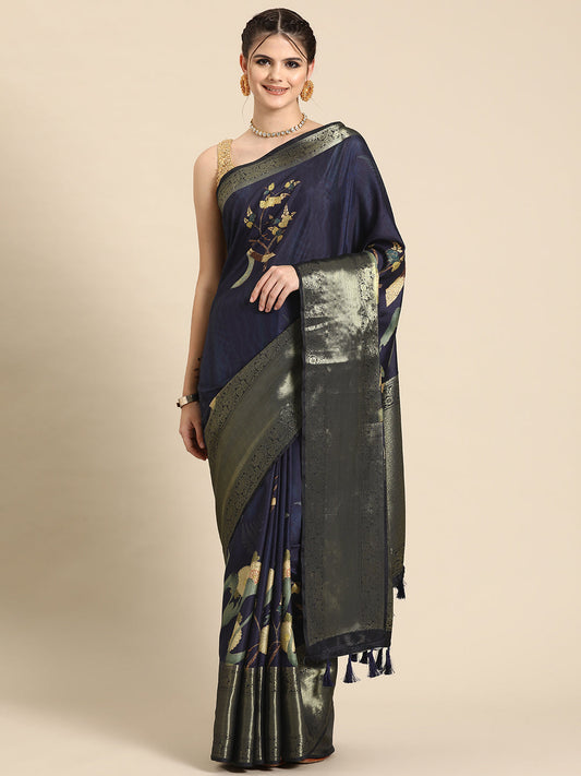 Kanchipuram Pattu Silk Floral Printed Zari Woven Border Saree