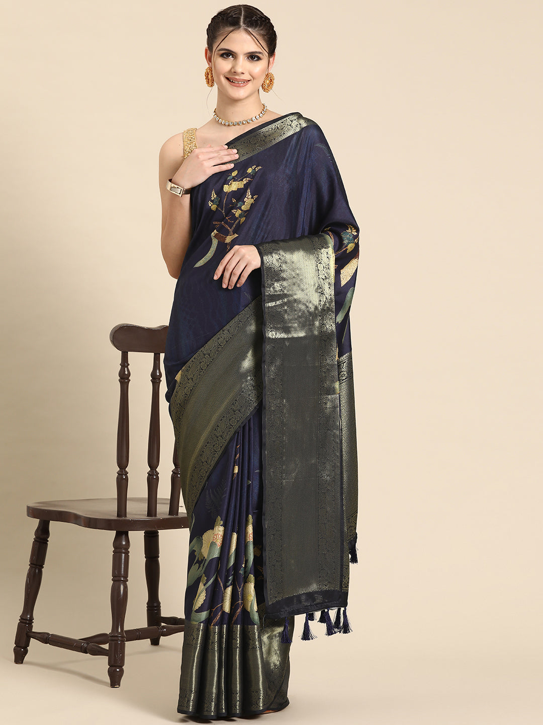 Kanchipuram Pattu Silk Floral Printed Zari Woven Border Saree