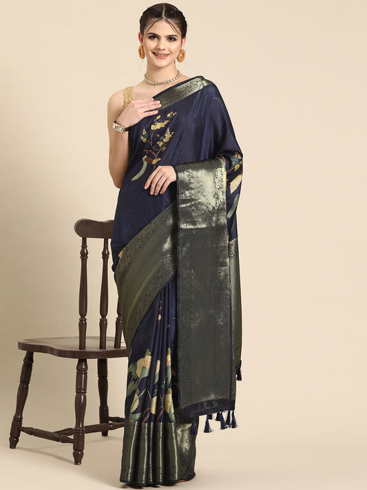 Kanchipuram Pattu Silk Floral Printed Zari Woven Border Saree