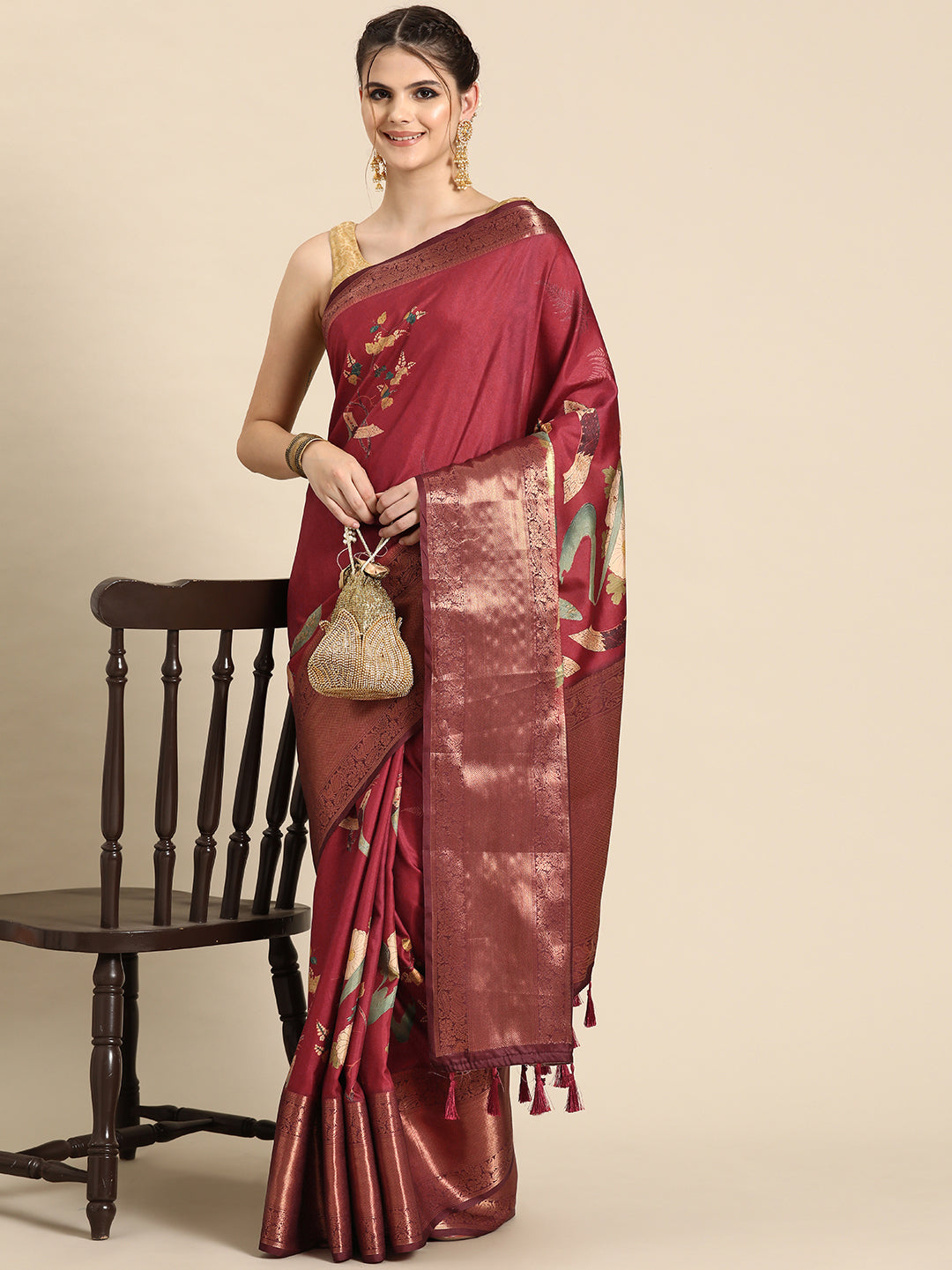 Kanchipuram Pattu Silk Floral Printed Zari Woven Border Saree