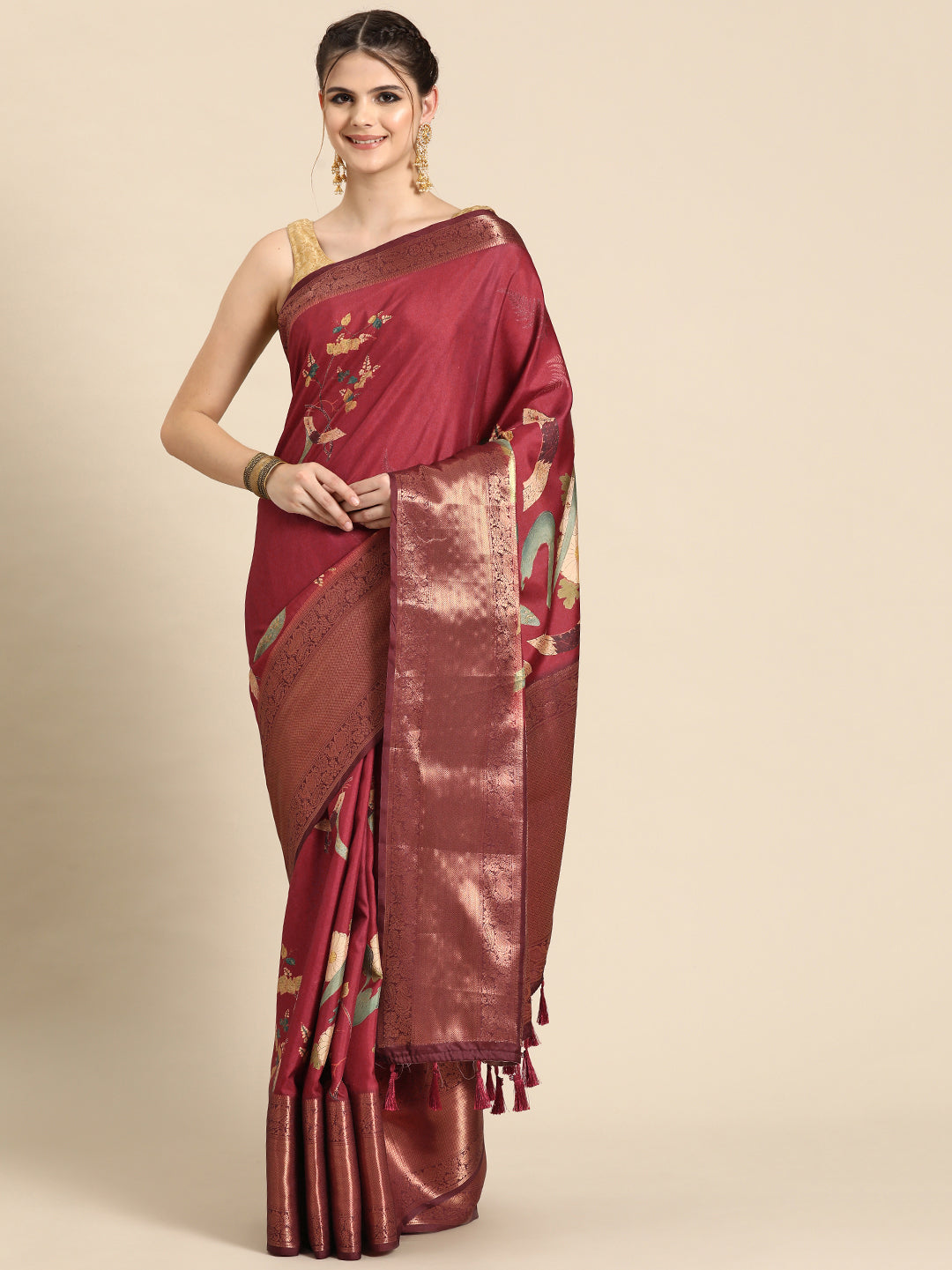 Kanchipuram Pattu Silk Floral Printed Zari Woven Border Saree
