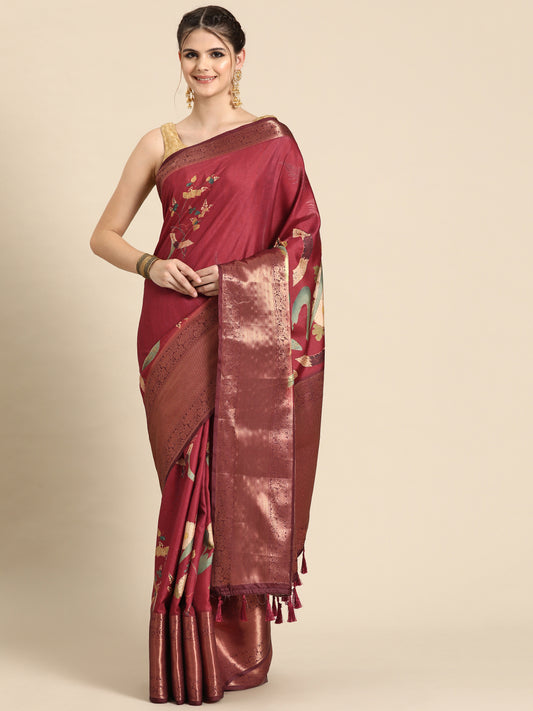 Kanchipuram Pattu Silk Floral Printed Zari Woven Border Saree