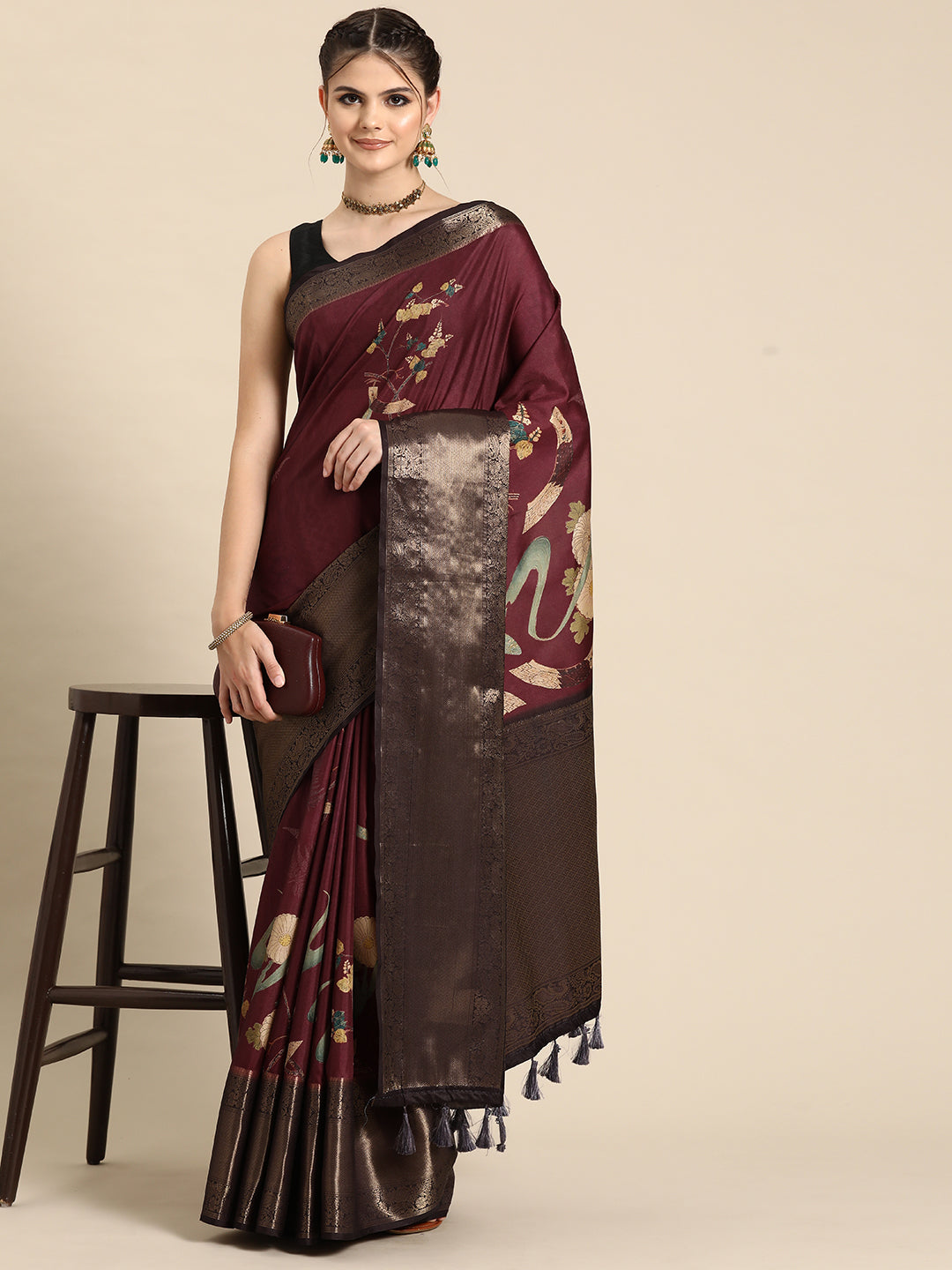 Kanchipuram Pattu Silk Floral Printed Zari Woven Border Saree