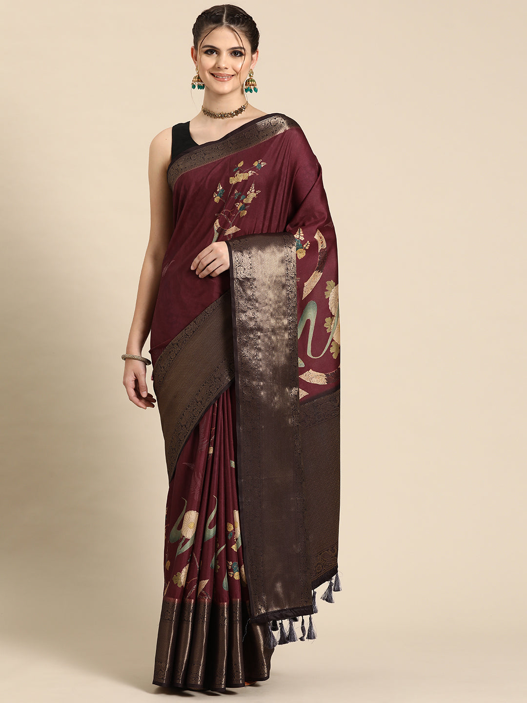 Kanchipuram Pattu Silk Floral Printed Zari Woven Border Saree