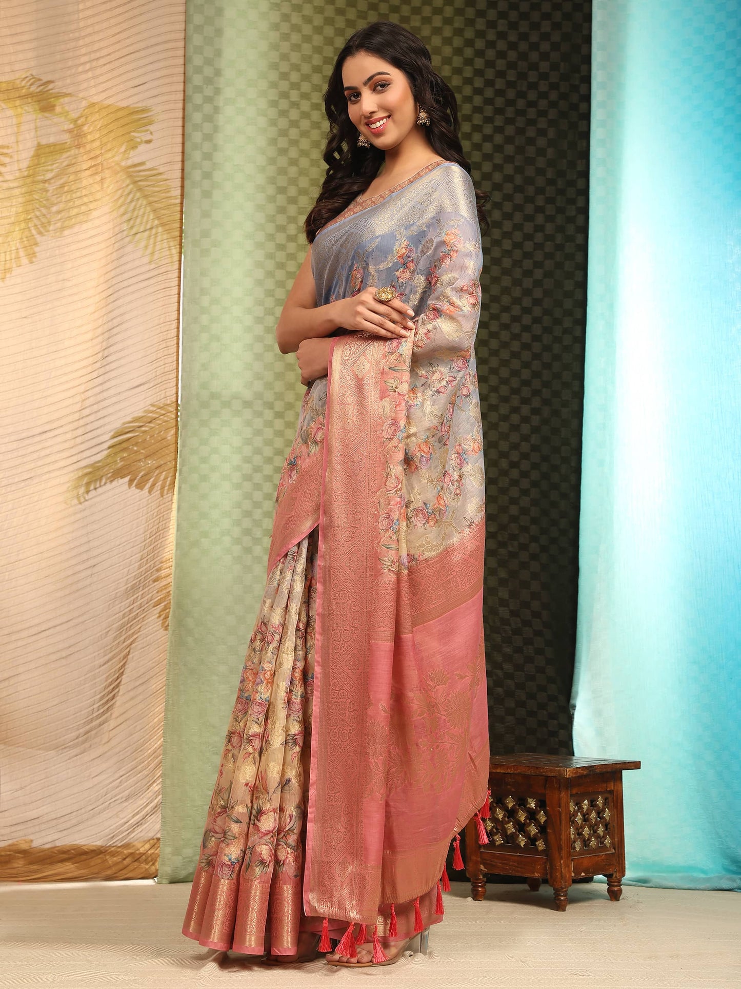 Cotton Blend Floral Printed Zari Woven Saree