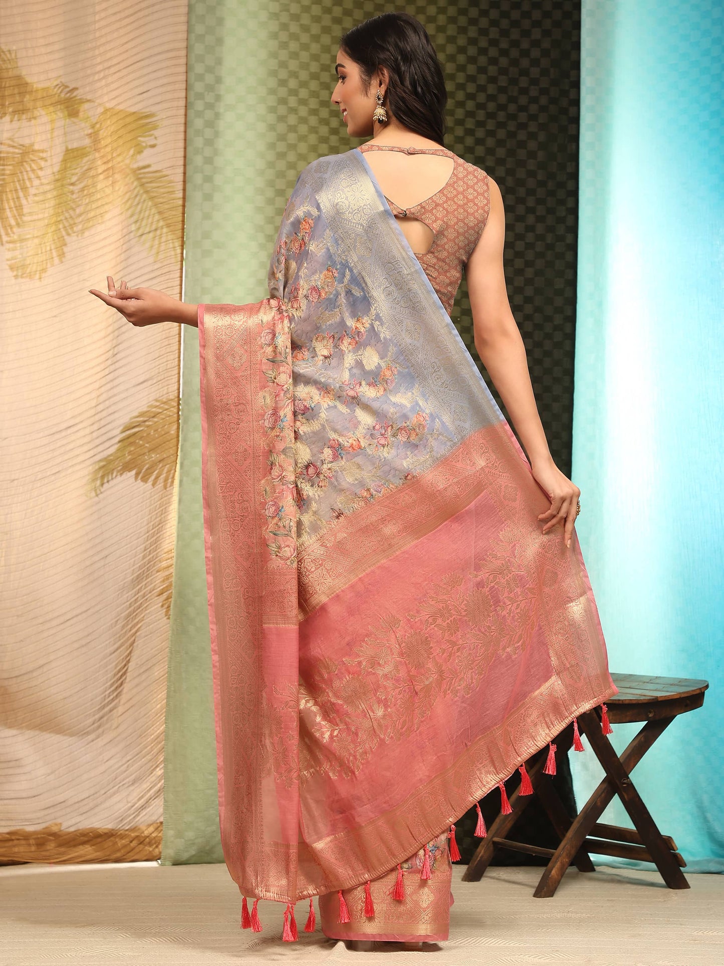 Cotton Blend Floral Printed Zari Woven Saree