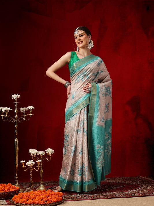 Banarasi Kotha Digital Printed Saree With Zari Border