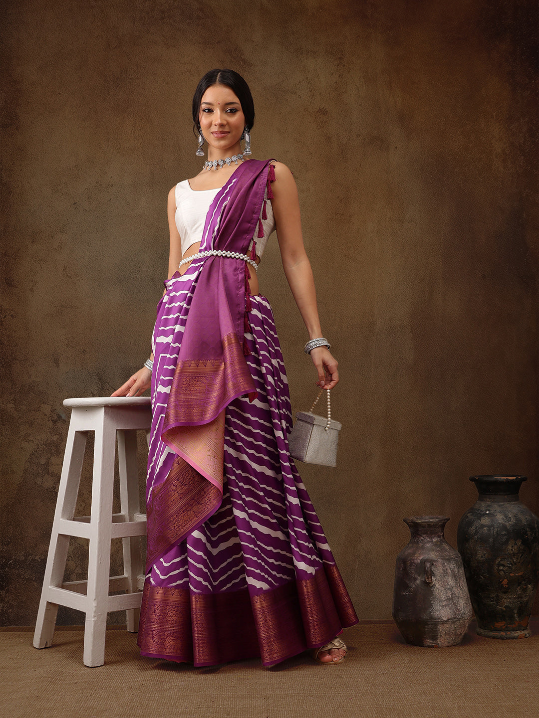 Soft Silk Lahriya Printed Saree with Zari Woven Pallu